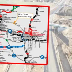 Mapa drogowa z zaznaczoną DK94 Olkusz - rozbudowa drogi, fragment najdłuższej polskiej autostrady S1 i S7.