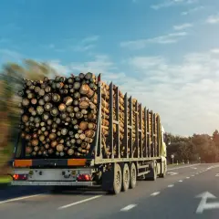 Ciężarówka z drewnem na naczepie, pokazująca, ile może wystawać towar z naczepy.
