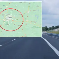 Mapa okolic Poznania z zaznaczonym obszarem, gdzie obowiązuje odcinkowy pomiar prędkości. Widoczna autostrada i ekrany akustyczne.