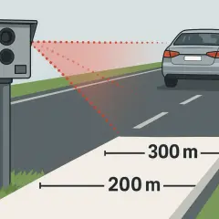 Fotoradar mierzy prędkość pojazdu z odległości 200-300 metrów. Czerwone kropki pokazują zasięg działania urządzenia.