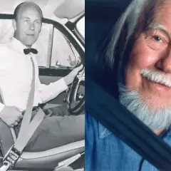 Nils Bohlin, który wynalazł pasy bezpieczeństwa, w samochodzie. Obok jego portret.