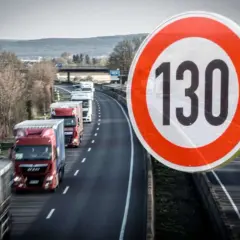 Znak ograniczenia prędkości 130 km/h na niemieckiej autostradzie. Widać sznur ciężarówek jadących w korku.