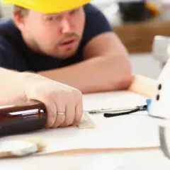 Pracownik w żółtym kasku opiera się o stół, na którym leży butelka i narzędzia.