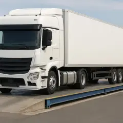 Biały zestaw tir na wadze. Zastanawiasz się, ile waży zestaw tir? Ten potężny pojazd jest gotowy do ważenia.