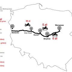 Mapa pokazuje, czy autostrada Warszawa Poznań jest płatna. Odcinek Świecko-Konin kosztuje 96 zł, Konin-Stryków 5 zł, a Stryków-Warszawa 0 zł.
