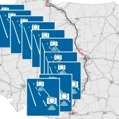 Znaki odcinkowy pomiar prędkości pomorskie na mapie Polski. System monitoruje ruch na drogach.