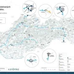 Mapa pokazuje, które drogi na Słowacji są płatne. Linie niebieskie i pomarańczowe oznaczają płatne odcinki autostrad, a zielone i szare – bezpłatne.