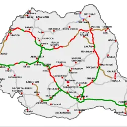 Mapa dróg w Rumunii z zaznaczonymi trasami. Zielone linie oznaczają drogi główne, czerwone - drogi o dużym natężeniu ruchu, a brązowe - drogi lokalne.