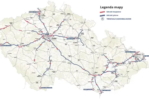 Mapa Czech z zaznaczonymi odcinkami płatnymi i bezpłatnymi autostrad. Dowiedz się, jak zapłacić za autostrady w Czechach.