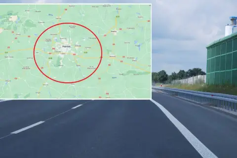 Mapa okolic Poznania z zaznaczonym obszarem, gdzie obowiązuje odcinkowy pomiar prędkości. Widoczna autostrada i ekrany akustyczne.