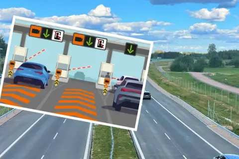Ilustracja pokazuje bramki poboru opłat na autostradzie. Czy autostrada Konin Warszawa jest płatna? Tak, wygląda na to, że tak.