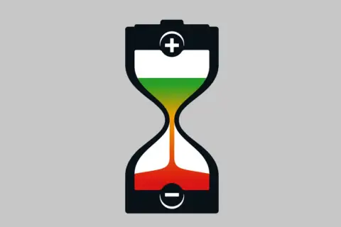 Klepsydra w kształcie akumulatora samochodowego z kolorowym wskaźnikiem naładowania. Odpowiedź na pytanie: jak długo ładować akumulator samochodowy.