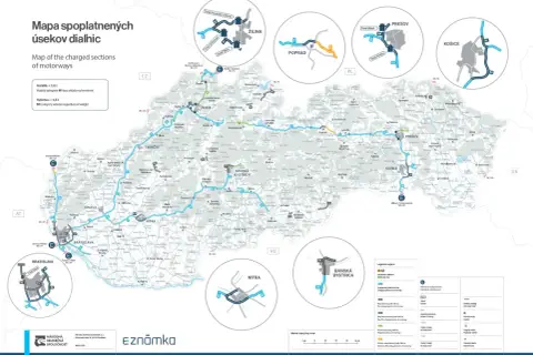 Mapa pokazuje, które drogi na Słowacji są płatne. Linie niebieskie i pomarańczowe oznaczają płatne odcinki autostrad, a zielone i szare – bezpłatne.