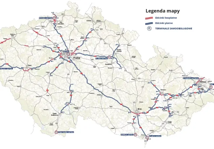 Mapa Czech z zaznaczonymi odcinkami płatnymi i bezpłatnymi autostrad. Dowiedz się, jak zapłacić za autostrady w Czechach.