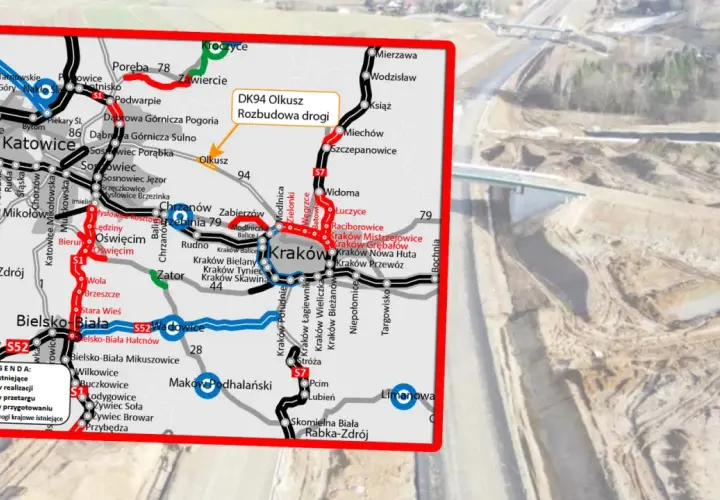 Mapa drogowa z zaznaczoną DK94 Olkusz - rozbudowa drogi, fragment najdłuższej polskiej autostrady S1 i S7.