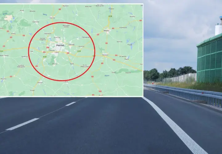Mapa okolic Poznania z zaznaczonym obszarem, gdzie obowiązuje odcinkowy pomiar prędkości. Widoczna autostrada i ekrany akustyczne.