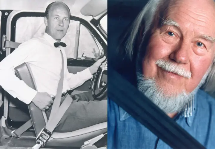 Nils Bohlin, który wynalazł pasy bezpieczeństwa, w samochodzie. Obok jego portret.