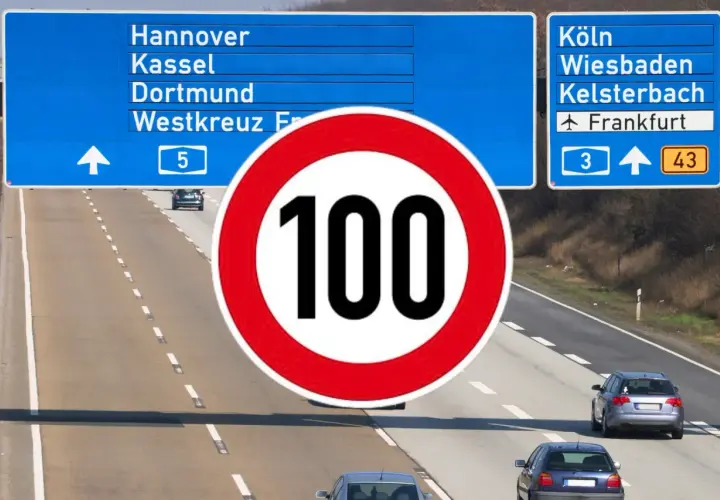 Na niemieckich autostradach są ograniczenia prędkości, jak ten znak 100 km/h.