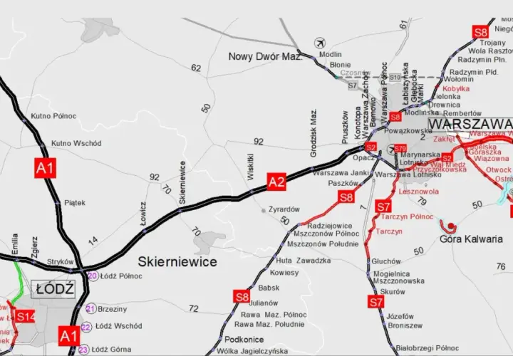 Mapa drogowa Polski z zaznaczonymi autostradami A1, A2, S7, S8. Pytanie: czy autostrada warszawa łódź jest płatna?
