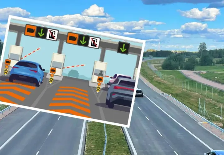 Ilustracja pokazuje bramki poboru opłat na autostradzie. Czy autostrada Konin Warszawa jest płatna? Tak, wygląda na to, że tak.