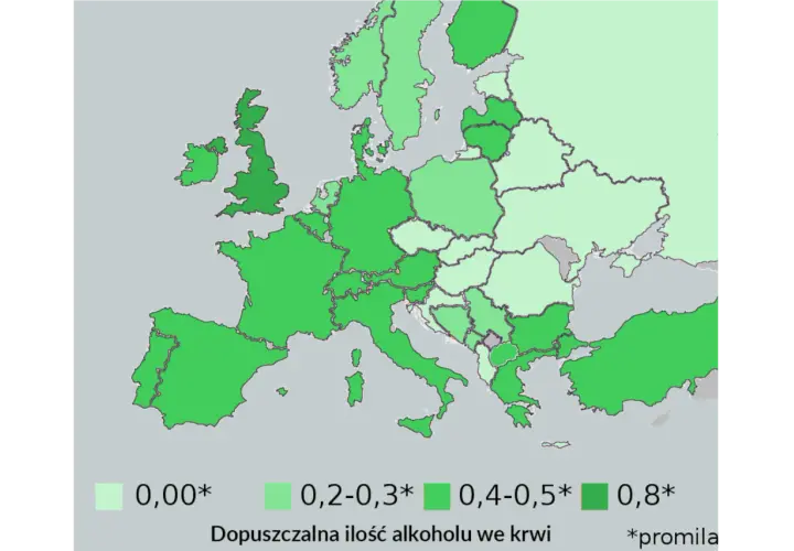 Mapa Europy z zaznaczonymi limitami promili. Różne odcienie zieleni pokazują dopuszczalną ilość alkoholu we krwi, od 0,00 do 0,8 promila.