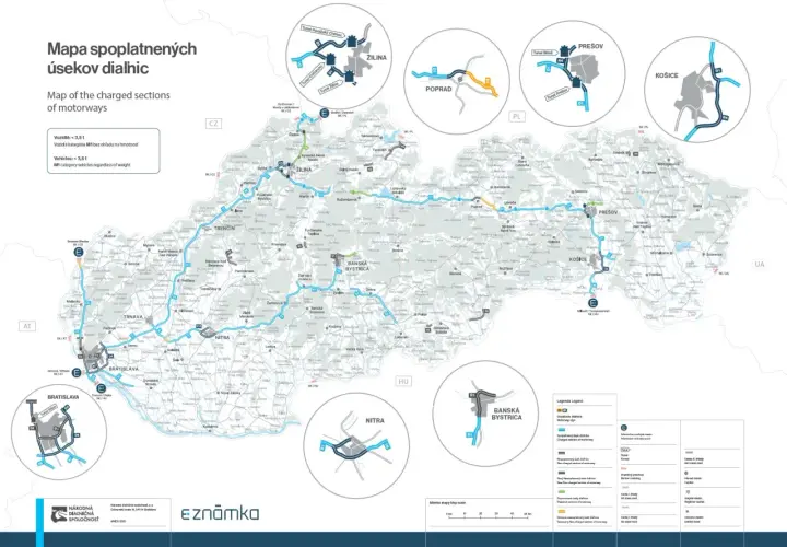 Mapa pokazuje, które drogi na Słowacji są płatne. Linie niebieskie i pomarańczowe oznaczają płatne odcinki autostrad, a zielone i szare – bezpłatne.