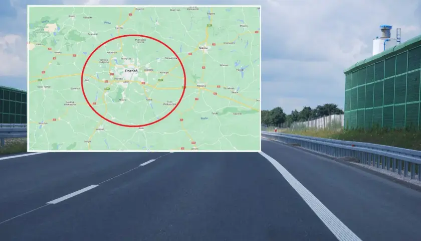 Mapa okolic Poznania z zaznaczonym obszarem, gdzie obowiązuje odcinkowy pomiar prędkości. Widoczna autostrada i ekrany akustyczne.