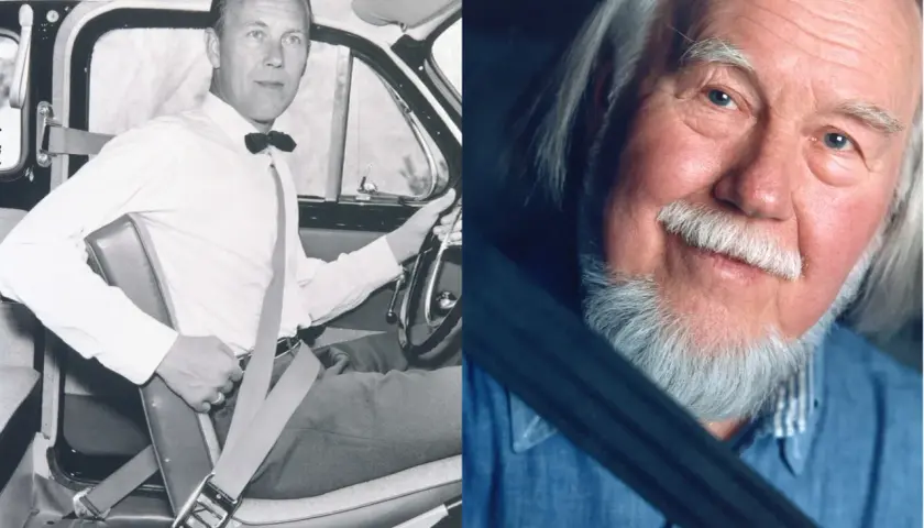 Nils Bohlin, który wynalazł pasy bezpieczeństwa, w samochodzie. Obok jego portret.