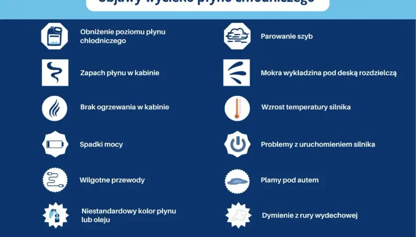 Objawy wycieku płynu chłodniczego: obniżony poziom, zapach w kabinie, parowanie szyb, mokra wykładzina. Czy płyn chłodniczy jest żrący? Sprawdź objawy.
