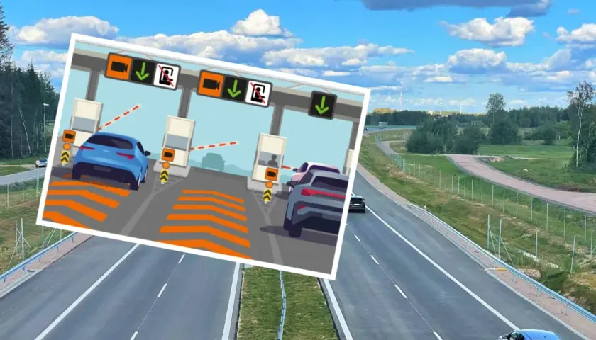Ilustracja pokazuje bramki poboru opłat na autostradzie. Czy autostrada Konin Warszawa jest płatna? Tak, wygląda na to, że tak.