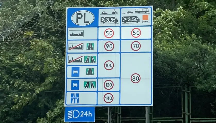 Znak drogowy PL: ile można jechać busem po autostradzie? Ciężarówki >3,5t jadą 70 km/h, a osobówki 120 km/h.
