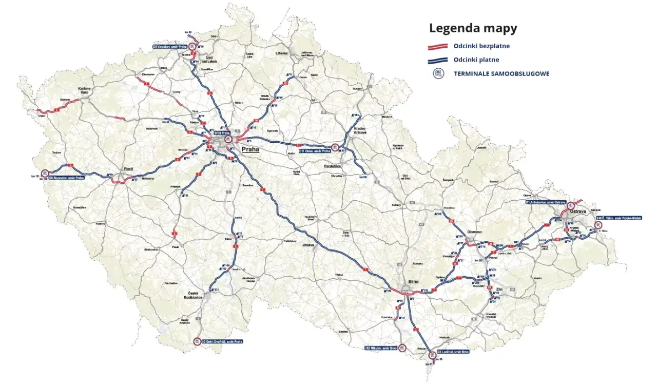Mapa Czech z zaznaczonymi odcinkami płatnymi i bezpłatnymi autostrad. Dowiedz się, jak zapłacić za autostrady w Czechach.