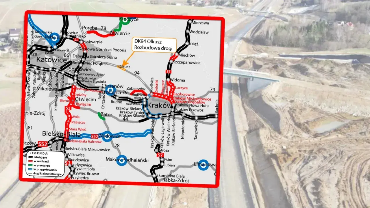 Mapa drogowa z zaznaczoną DK94 Olkusz - rozbudowa drogi, fragment najdłuższej polskiej autostrady S1 i S7.