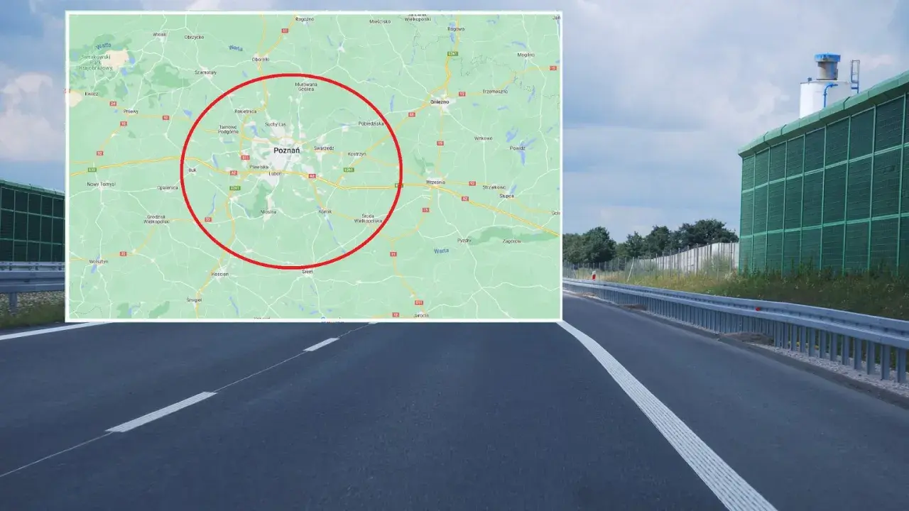 Mapa okolic Poznania z zaznaczonym obszarem, gdzie obowiązuje odcinkowy pomiar prędkości. Widoczna autostrada i ekrany akustyczne.