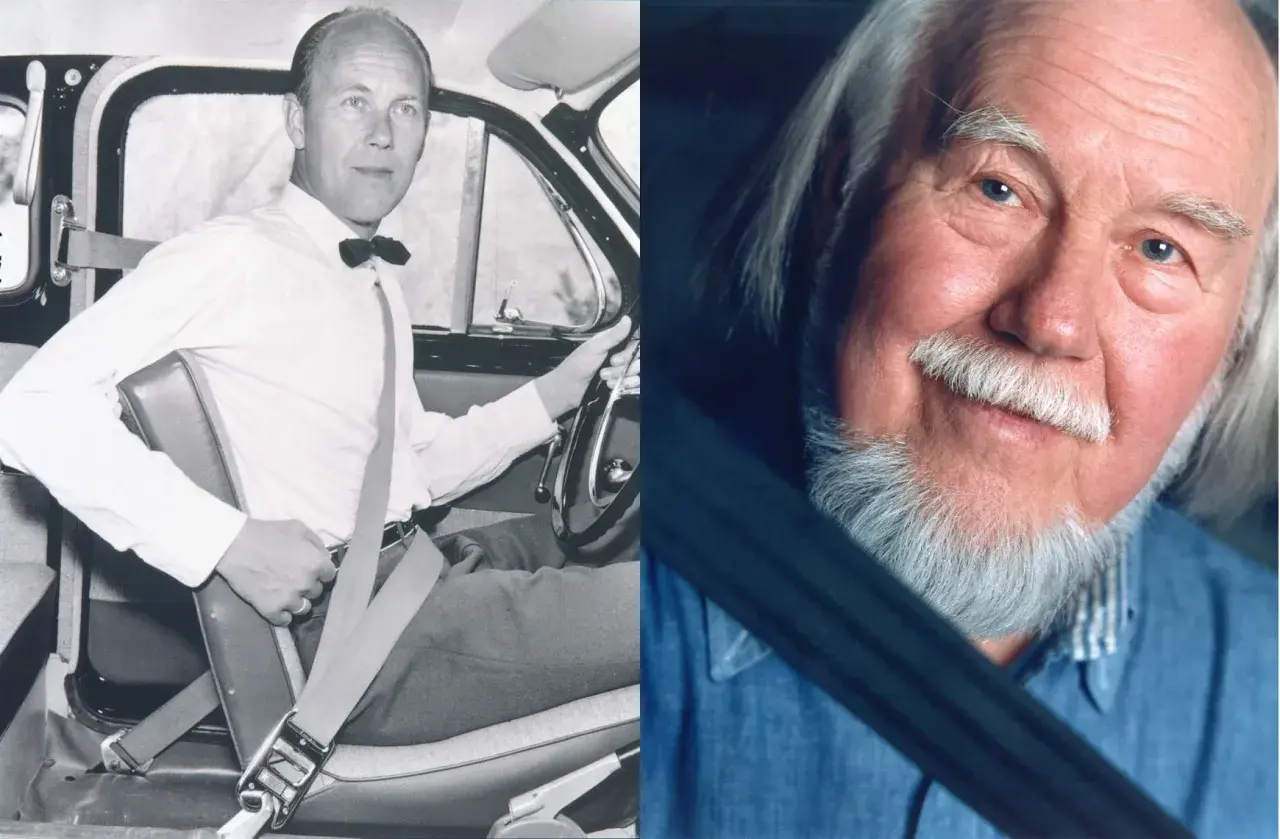 Nils Bohlin, który wynalazł pasy bezpieczeństwa, w samochodzie. Obok jego portret.