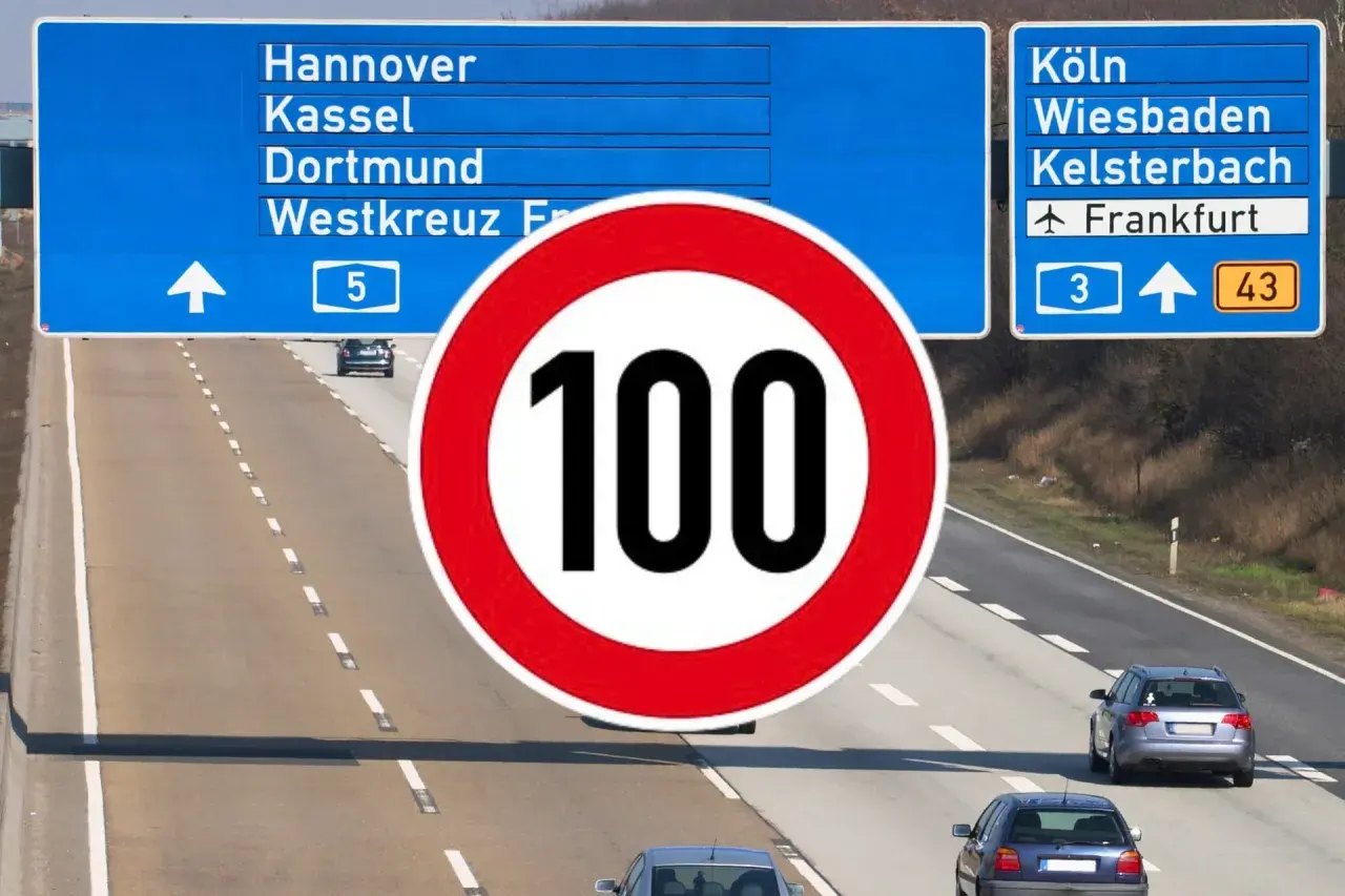 Na niemieckich autostradach są ograniczenia prędkości, jak ten znak 100 km/h.