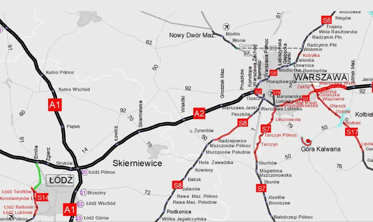 Mapa drogowa Polski z zaznaczonymi autostradami A1, A2, S7, S8. Pytanie: czy autostrada warszawa łódź jest płatna?