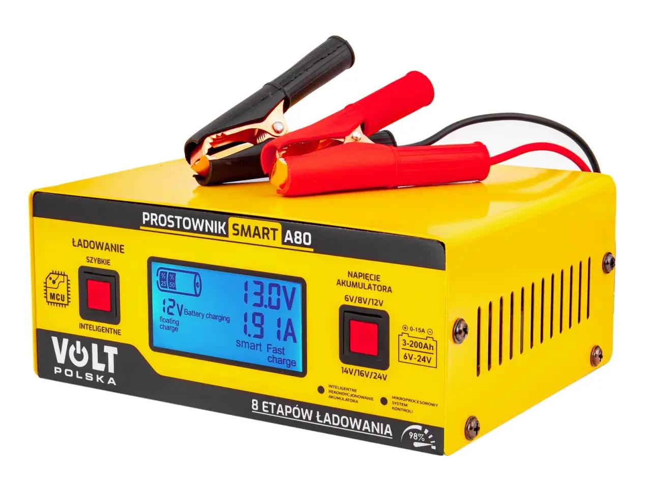 Żółty prostownik Volt Polska Smart A80 z wyświetlaczem LCD i klemami do akumulatora.