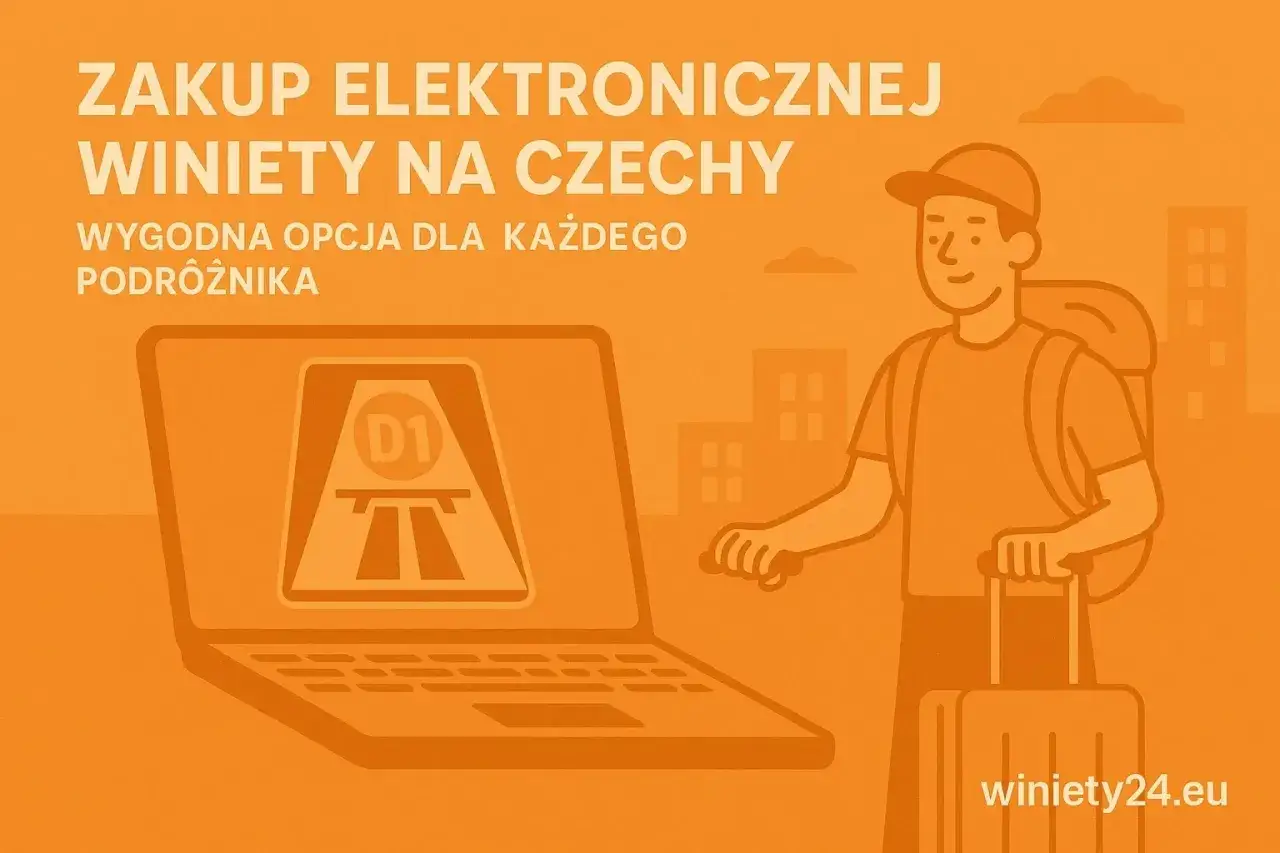 Jak zapłacić za autostrady w Czechach? Kup e-winietę online. Grafika przedstawia laptopa z symbolem autostrady i podróżnika z bagażem.