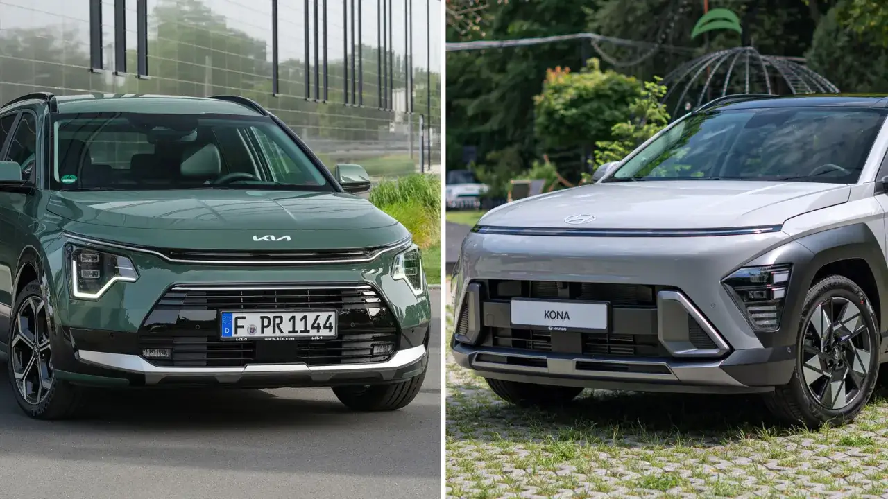 Porównanie przodów zielonego Kia Niro i szarego Hyundai Kona. Sprawdź Hyundai Kona wymiary i porównaj z konkurencją.