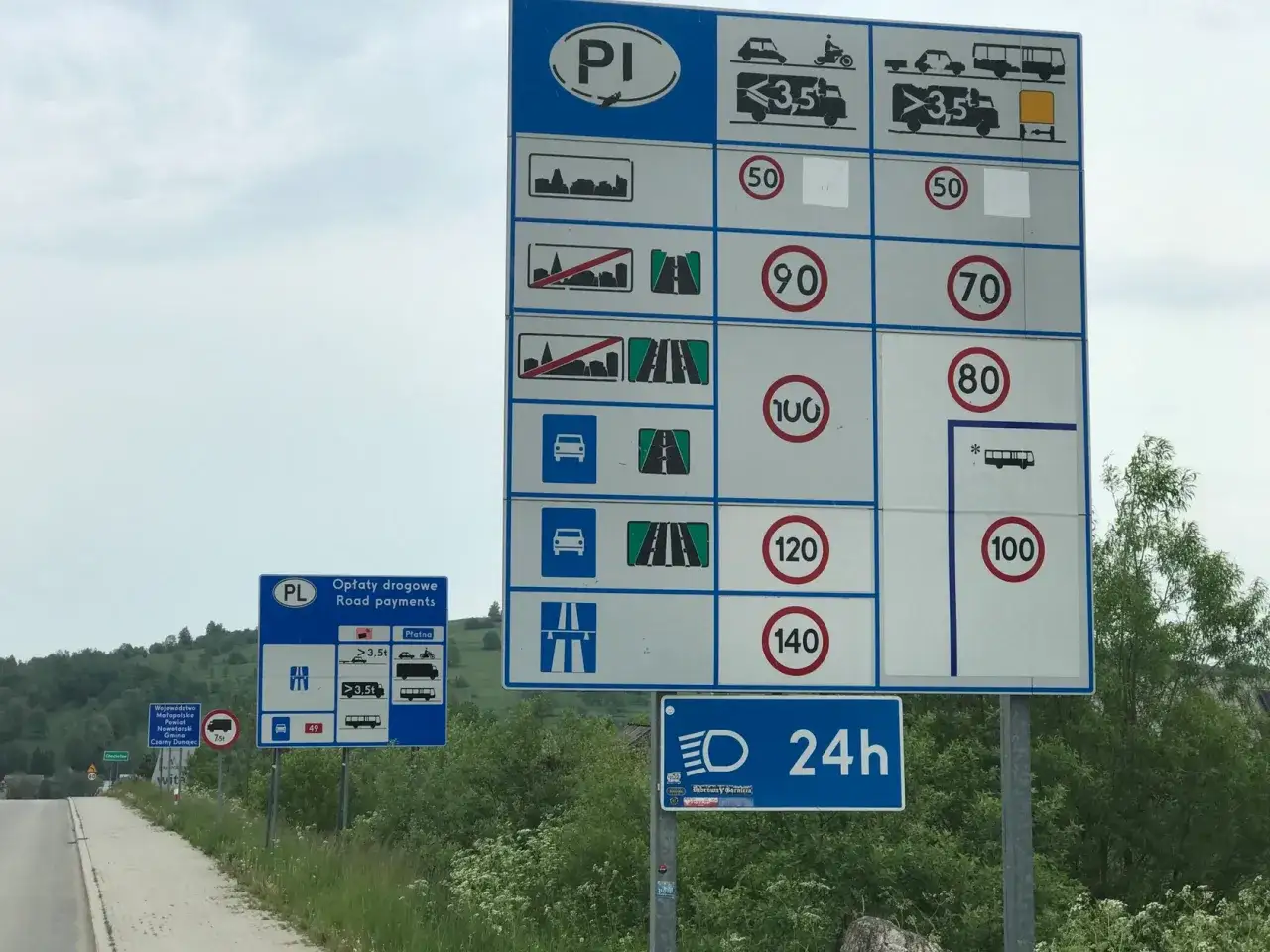 Znaki drogowe informują, ile km można jechać na autostradzie. Samochody osobowe mogą jechać 140 km/h, a autobusy 100 km/h.
