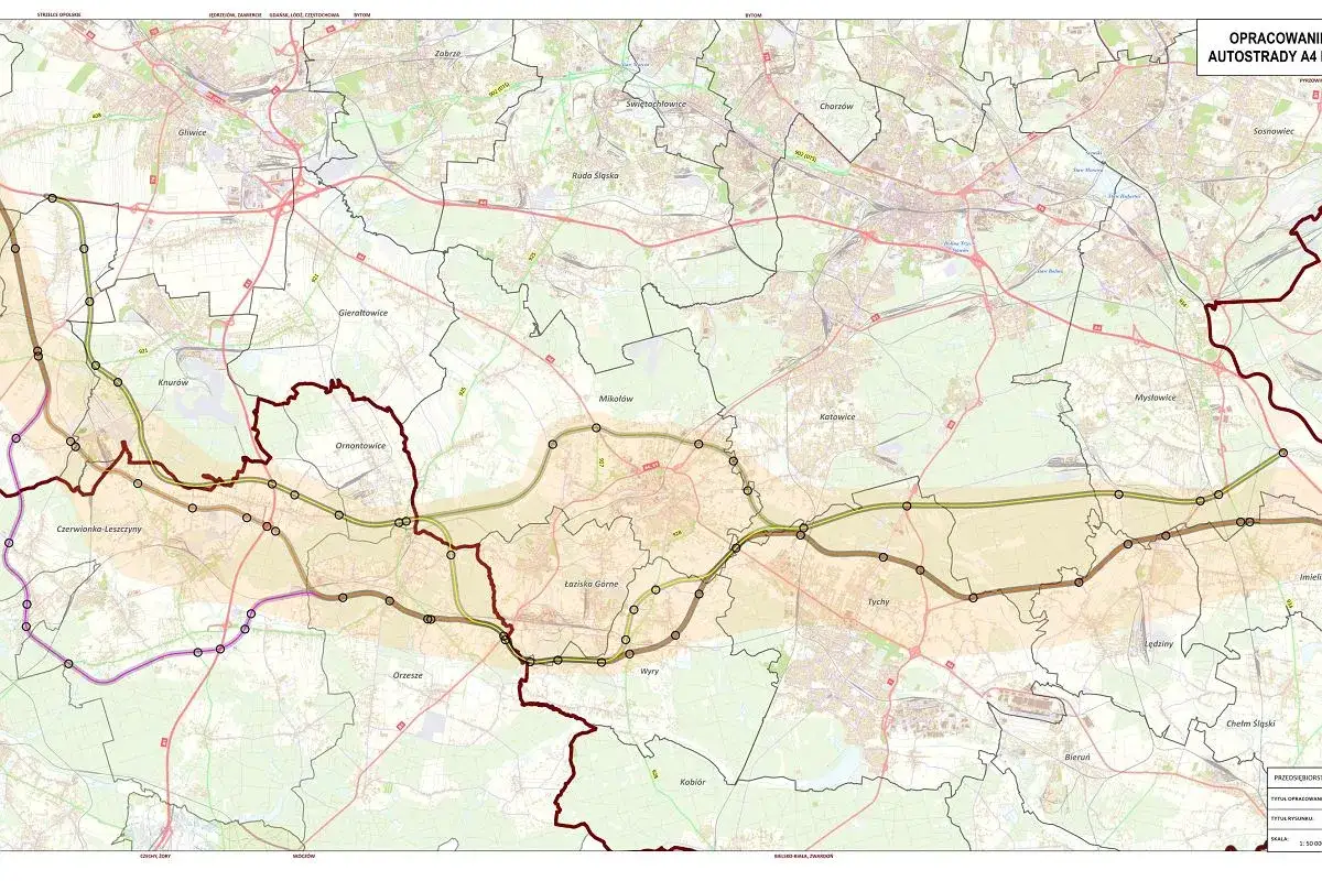 Mapa przedstawia przebieg autostrady A4, najdłuższej polskiej autostrady, przez Śląsk, z zaznaczonymi miastami jak Gliwice, Katowice i Tychy.