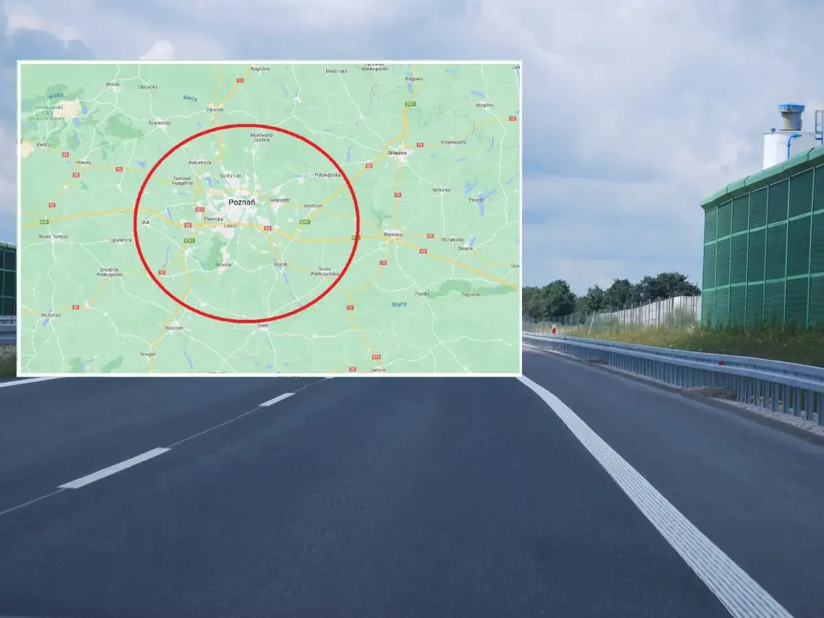 Mapa okolic Poznania z zaznaczonym obszarem. Uważaj na odcinkowy pomiar prędkości Poznań i okolice.