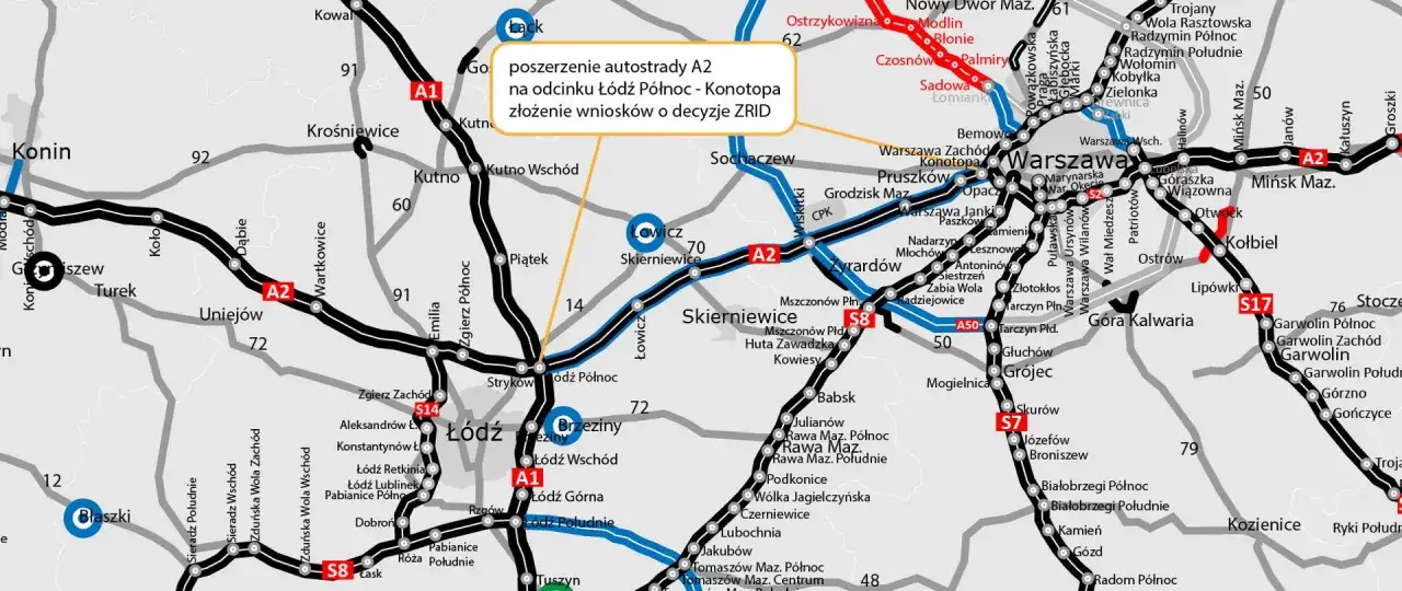 Mapa drogowa Polski. Na odcinku autostrady A2 Warszawa-Łódź widoczne są informacje o poszerzeniu drogi.