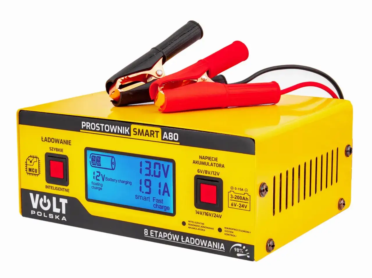 Prostownik Volt Polska pokazuje 13.0V, gdy akumulator jest naładowany. Wskaźnik 98% sugeruje zakończenie ładowania.
