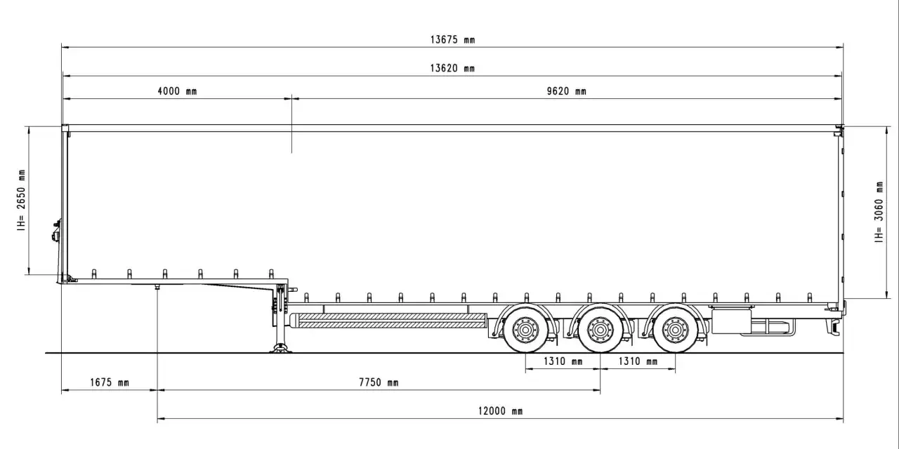Schemat naczepy tira. Całkowita długość naczepy to 13675 mm, a jej wysokość wewnętrzna to 2650 mm.