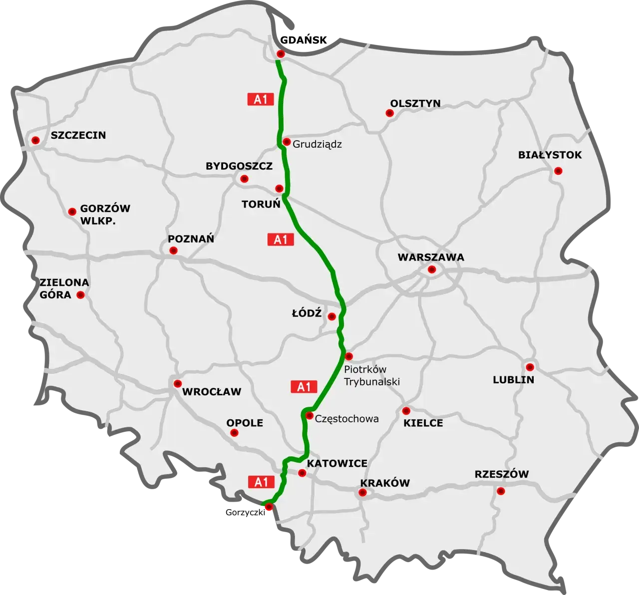 Mapa autostrady A1 w Polsce