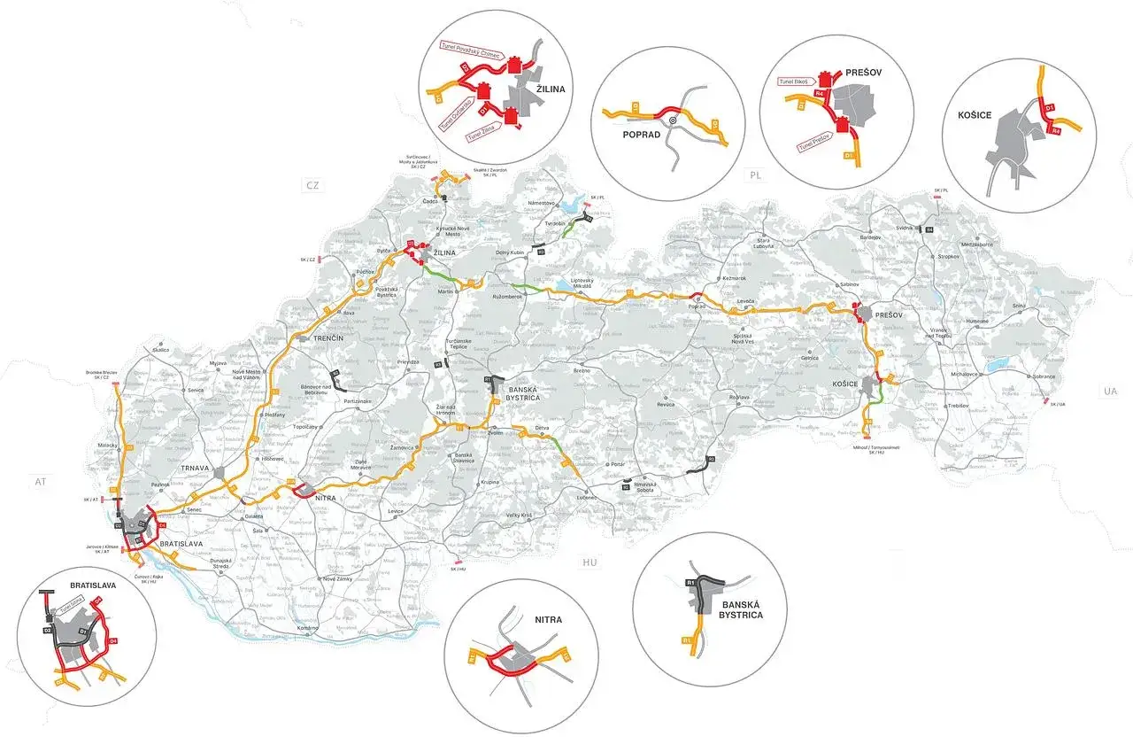 Mapa Słowacji z zaznaczonymi płatnymi drogami. Kolory wskazują, które drogi na Słowacji są płatne, ułatwiając planowanie podróży.
