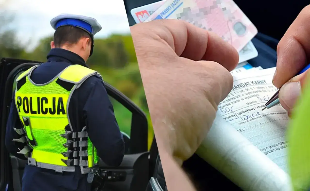 Policjant w kamizelce odblaskowej i kierowca wypełniający mandat. Brak pasów to 6 punktów karnych.