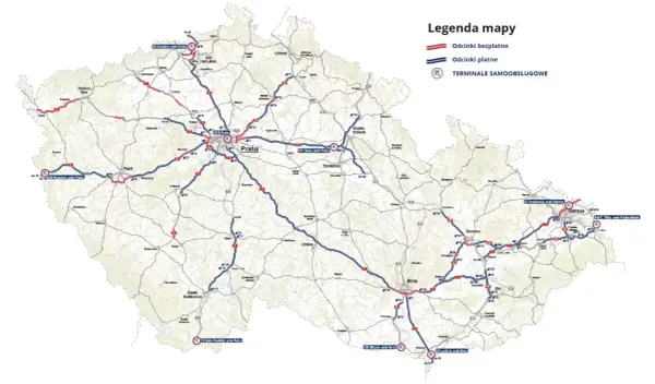 Mapa Czech z zaznaczonymi odcinkami płatnymi i bezpłatnymi autostrad. Dowiedz się, jak zapłacić za autostrady w Czechach.